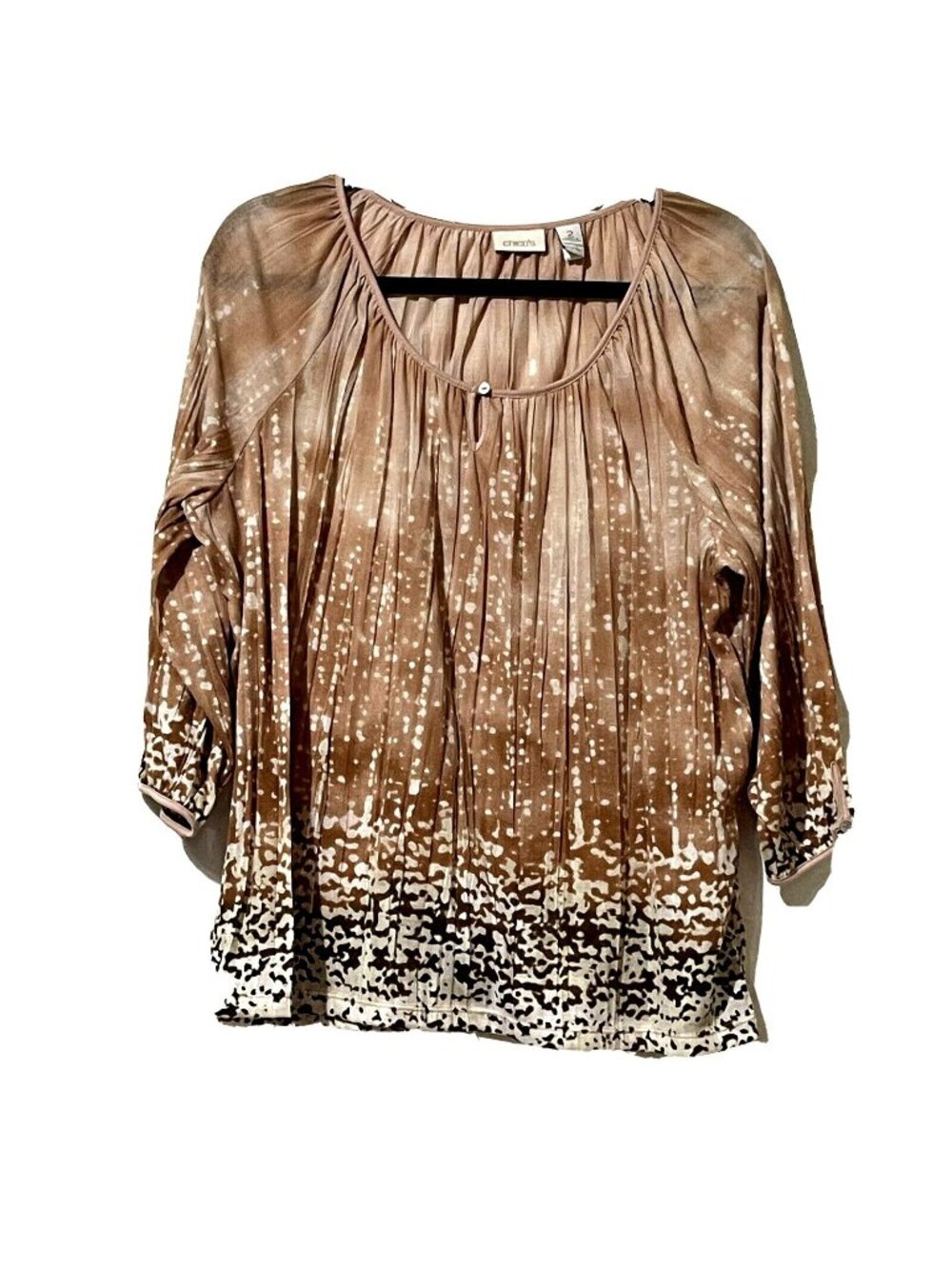 Chicos Womens Brown & Cream Pleated Blouse Size 2 With Abstract Print